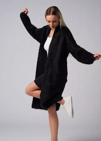 Grey Faux Fur Long Cardigan